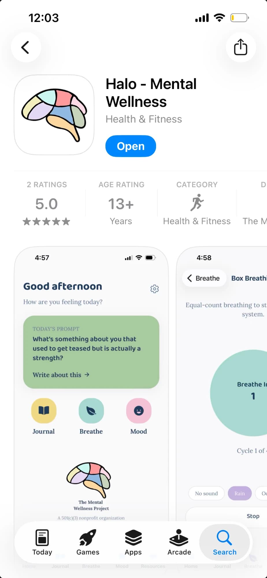 Halo - Mental Wellness on the App Store, showing a 5.0 rating and app screenshots