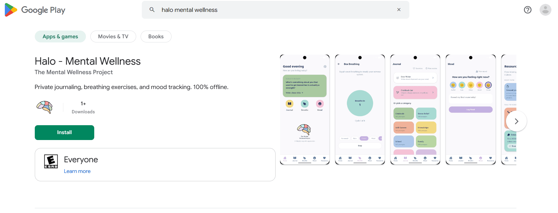 Halo - Mental Wellness on Google Play, with app screenshots of the home screen, box breathing, journal, and mood tracker